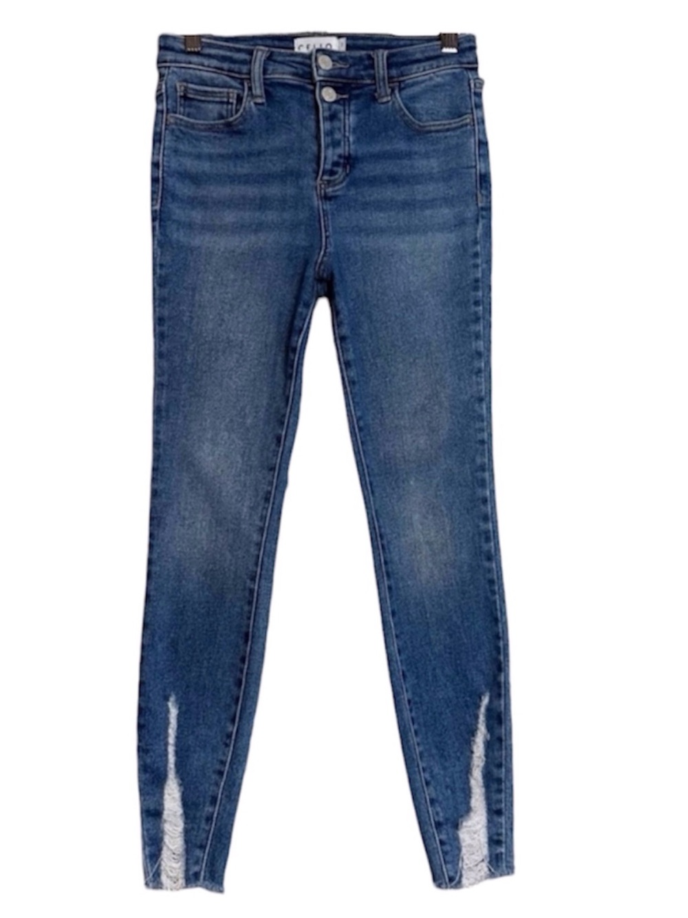 CELLO Distressed Raw Cuff Skinny Button Fly Blue Stretch Jeans